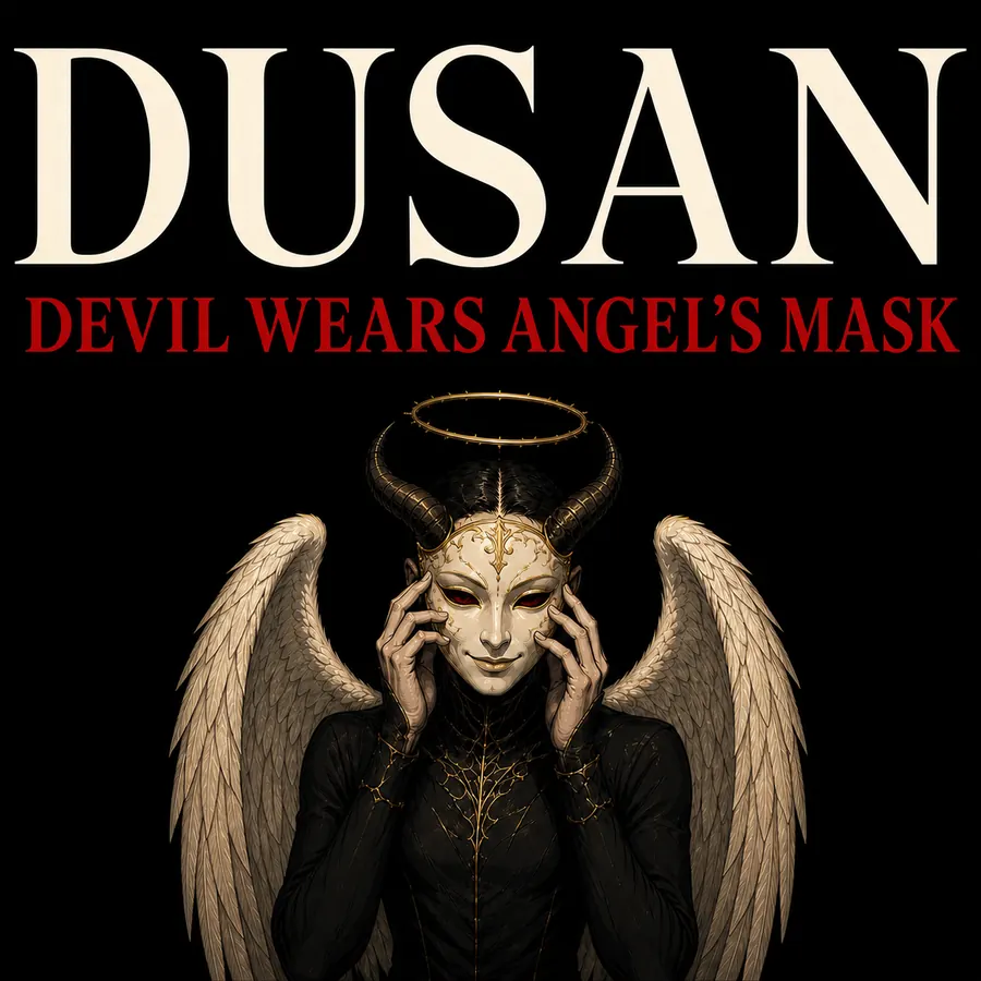 Cover art for Devil Wears Angel's Mask by Dusan: a winged figure with a halo and horns holding its head, on a black background