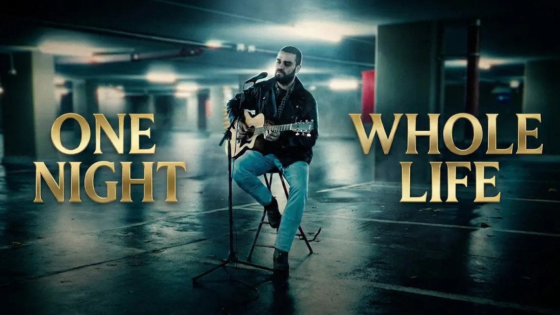 Dusan sitting on a stool with an acoustic guitar in an empty underground car park for the One Night, Whole Life music video