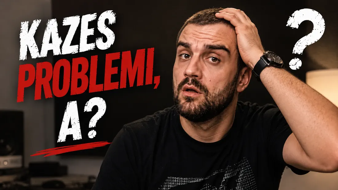 Dusan with his hand on his head in the thumbnail for the Problemi music video, with the text “Kažeš problemi, a?”